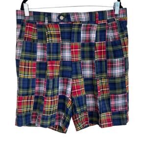 Berle Vintage Cotton Madras Plaid Pleated Flat Front Chino Shorts Preppy Sz 34